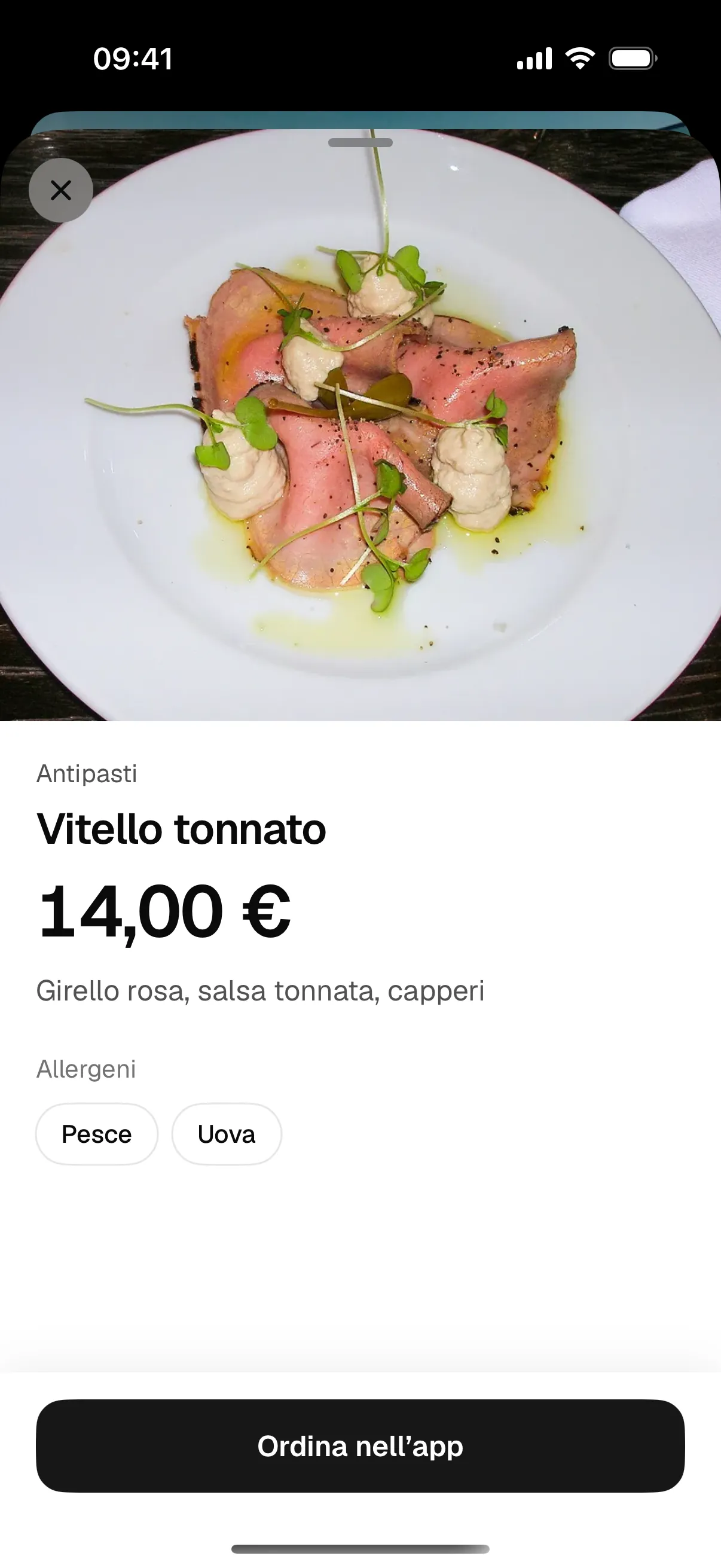 Piatto con la legenda degli allergeni nell’App Clip