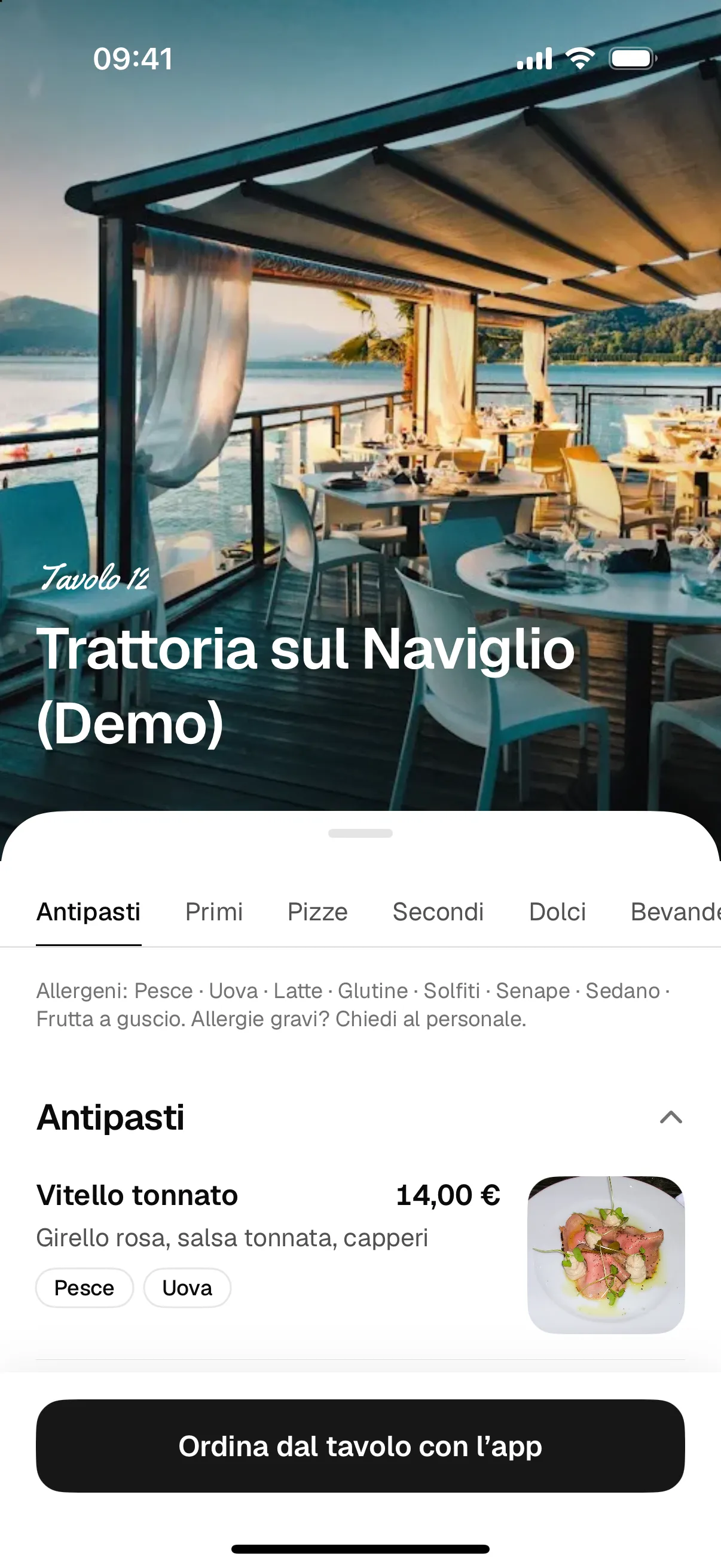 Menu del tavolo aperto nell’App Clip